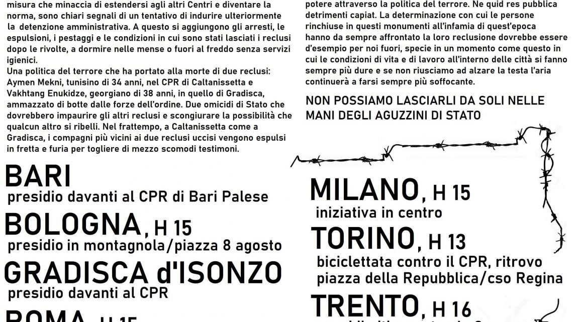 1 Febbraio: GIORNATA DI MOBILITAZIONE CONTRO I CPR