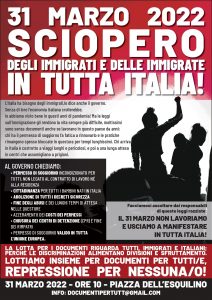 31 MARS 2022 – GRÈVE DES IMMIGRÉS ET DES IMMIGRÉES EN TOUT L’ITALIE